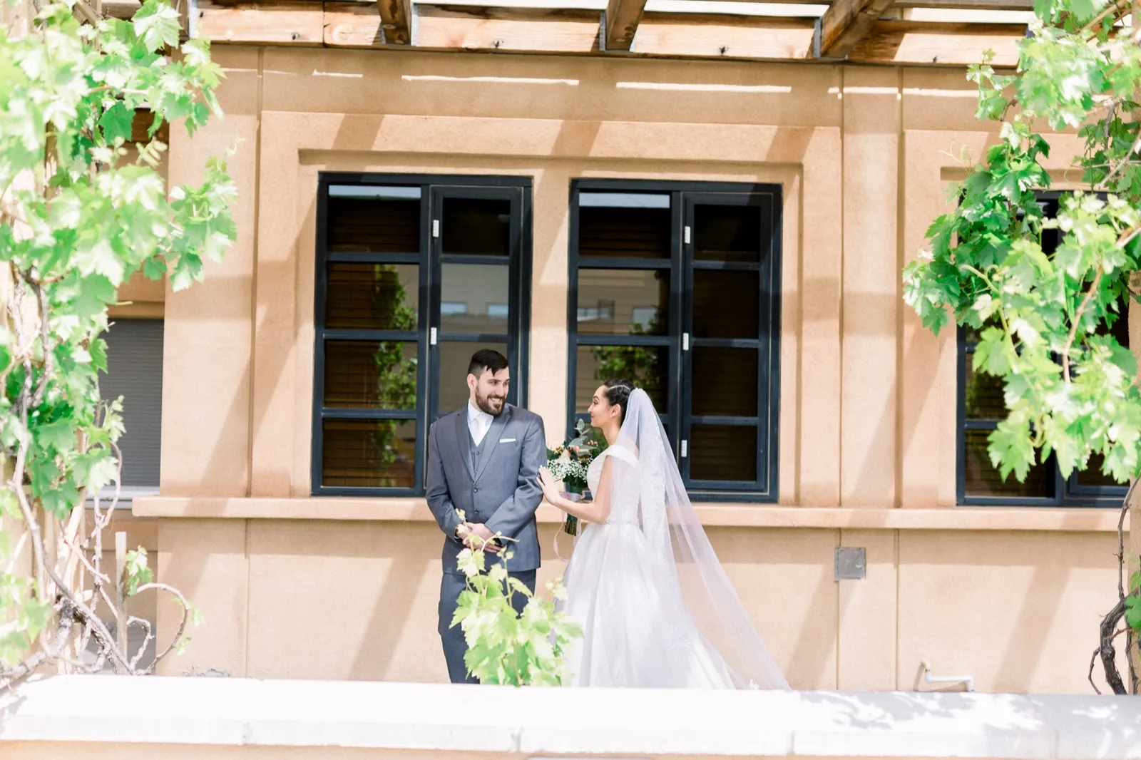 Bride and groom seeing each other for the first time, photographed from far away through grapevines