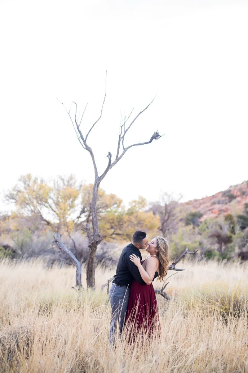 Couple embracing in tall dry grass beside a bare desert tree under a bright white sky