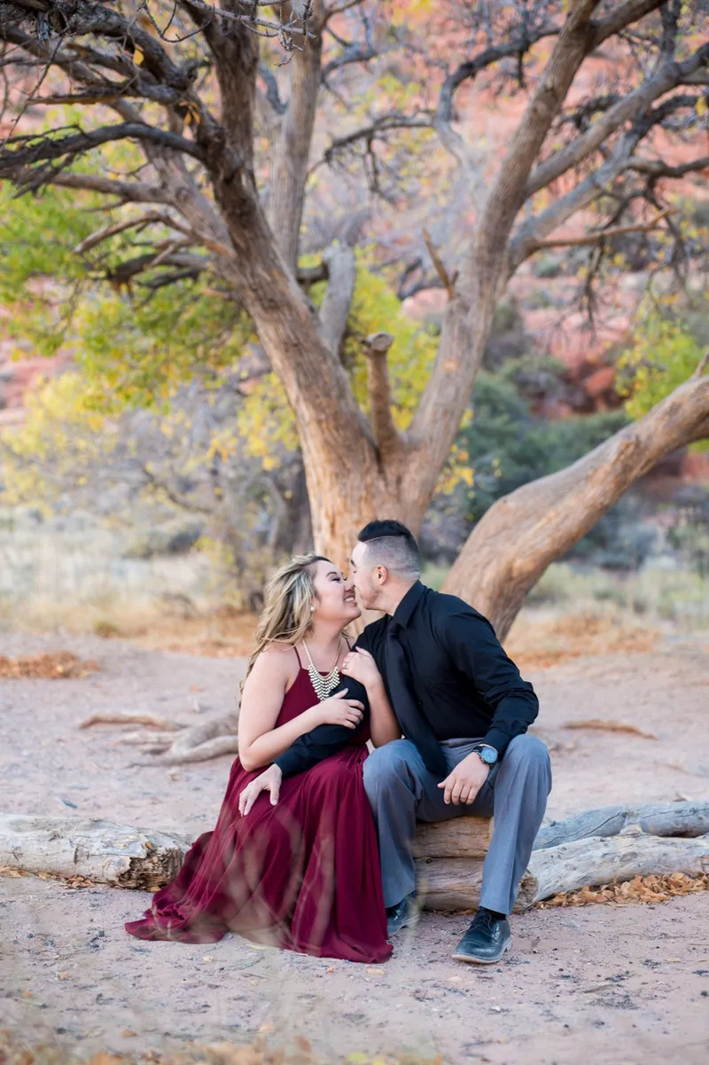 Couple sitting on a low boulder under a bare tree with her burgundy dress spread across the ground