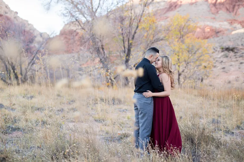 Couple holding each other in a field of golden grass with fall trees and red rock behind them