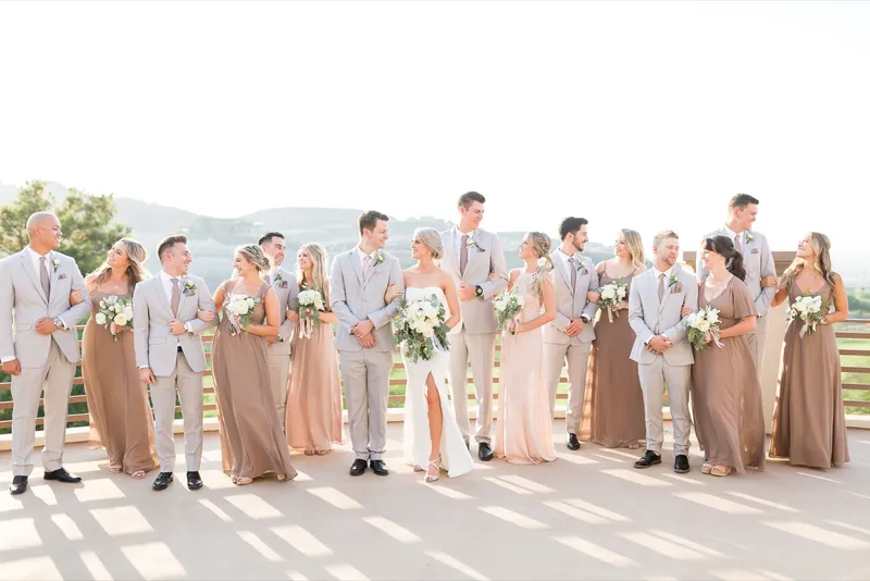 The full wedding party lined up across the terrace in the late sun, the valley stretching out beyond the rail