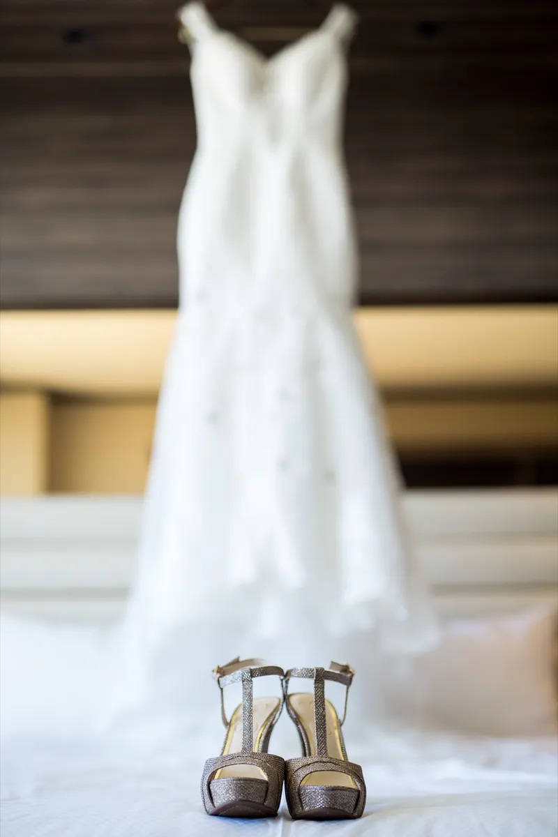 The gown hanging with a pair of gold glitter heels standing on the floor beneath it
