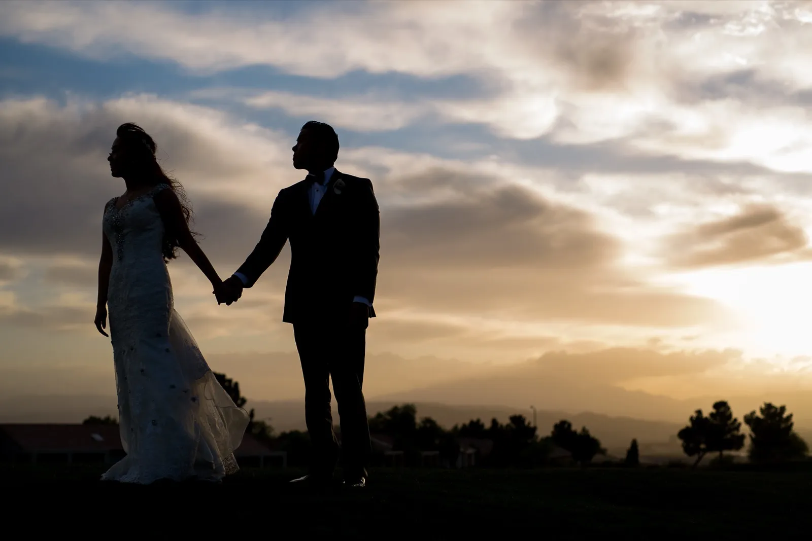 Bride and groom holding hands, silhouetted against a cloud-streaked sky still glowing after sunset