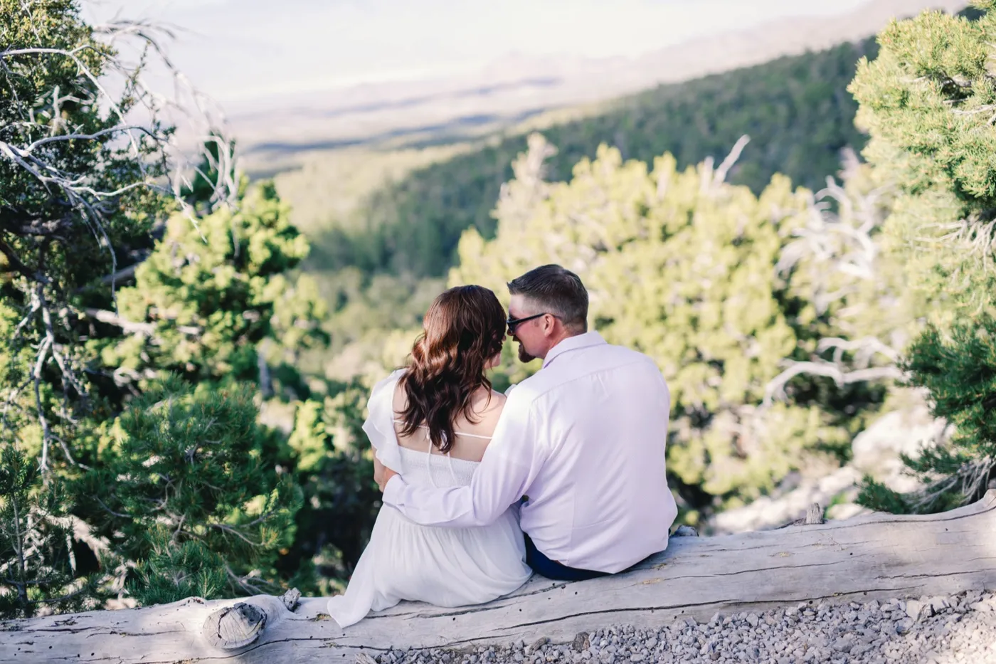 Couple sitting close on a fallen log at a Mount Charleston overlook, pine slopes falling away to the hazy desert valley