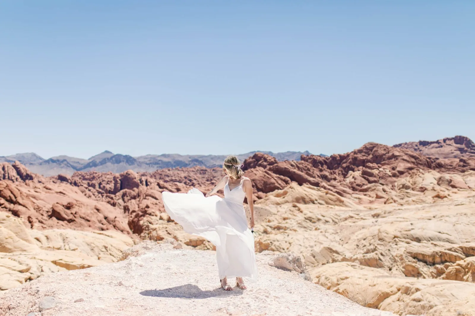 Bride seen from behind on a pale sandstone rise, her skirt swinging out over red and cream rock and distant mountains