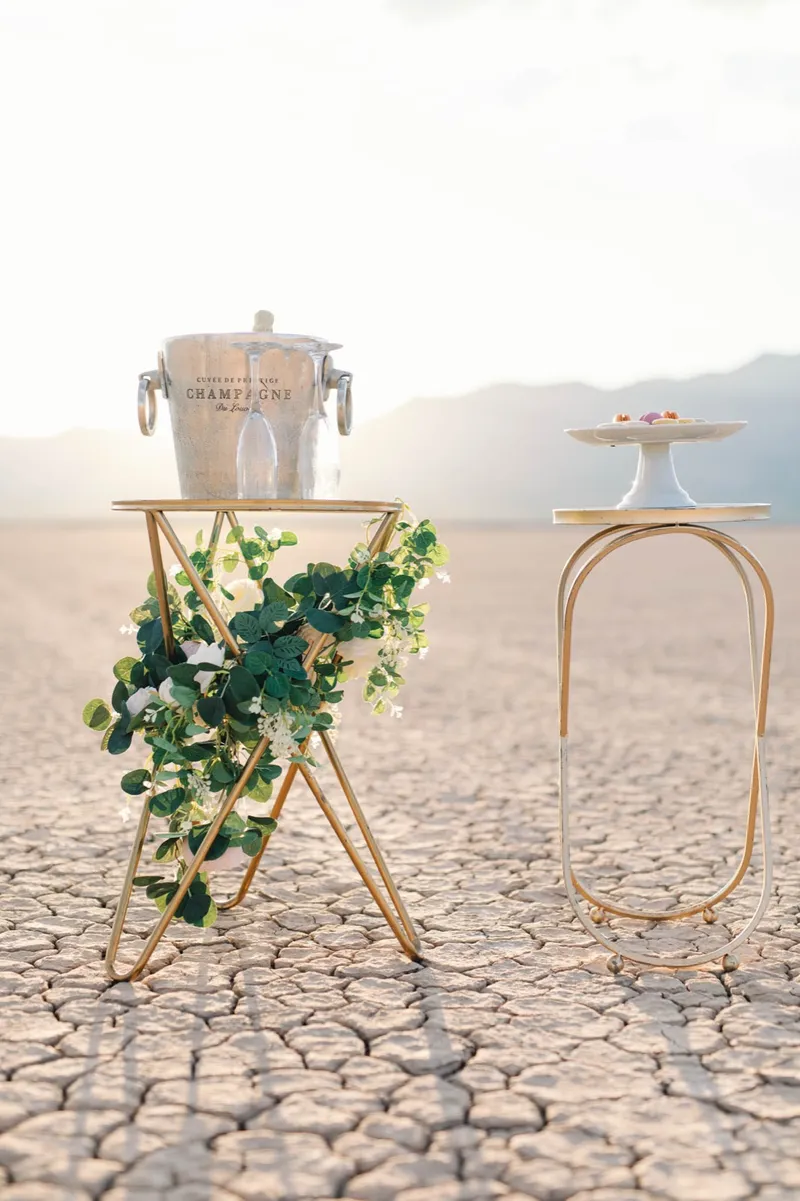 Gold bar cart holding a champagne bucket and a cake stand, dressed with greenery on the cracked ground