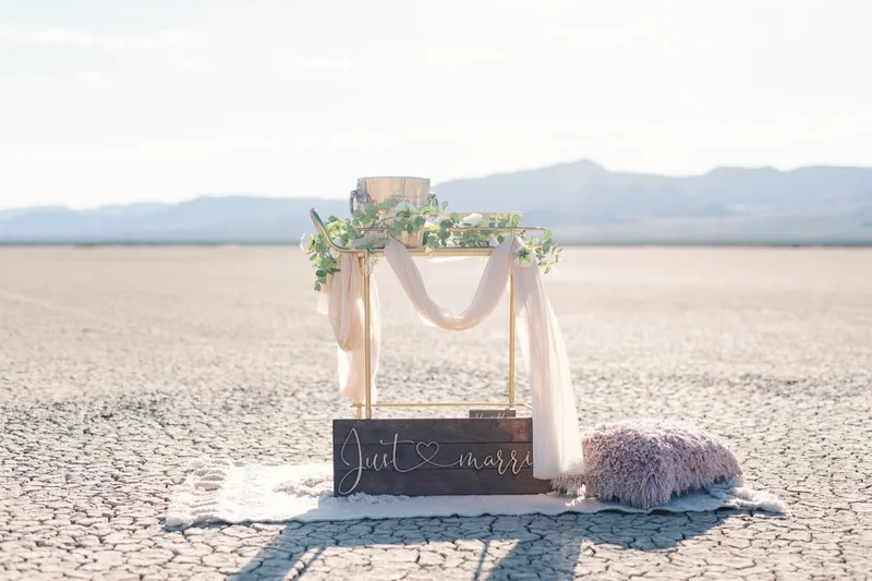 Gold bar cart with a champagne bucket, greenery and a wooden just married sign standing on the cracked ground