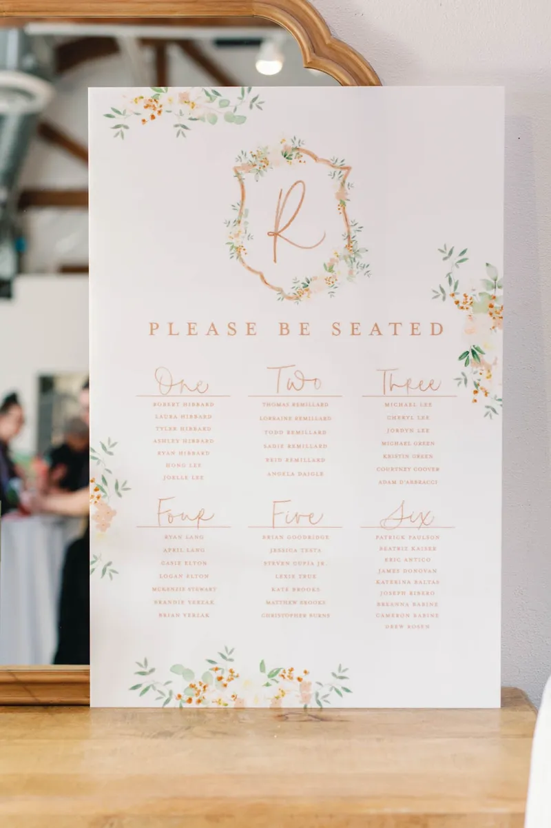 Seating chart standing indoors on the wood floor, painted with a floral crest and listing the guests at tables one through six