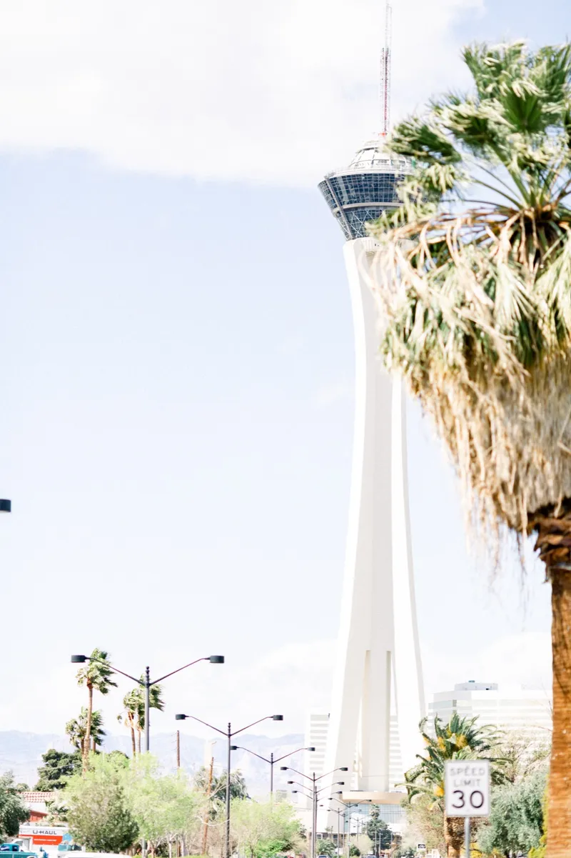 The street outside the church, palm trees along the sidewalk with the Strat tower rising behind them