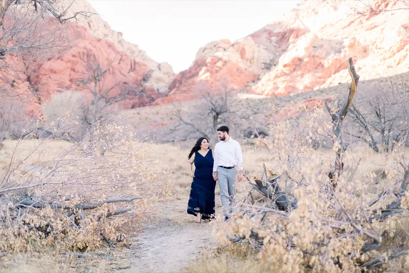 Couple far down a sandy path with a weathered dead tree and red cliffs around them