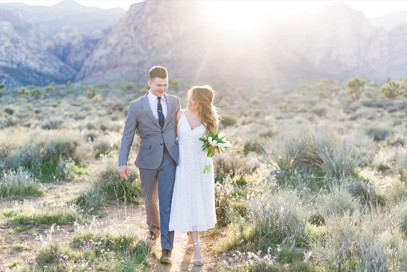 Bride and groom walking through the desert brush with the mountains washed pale behind them