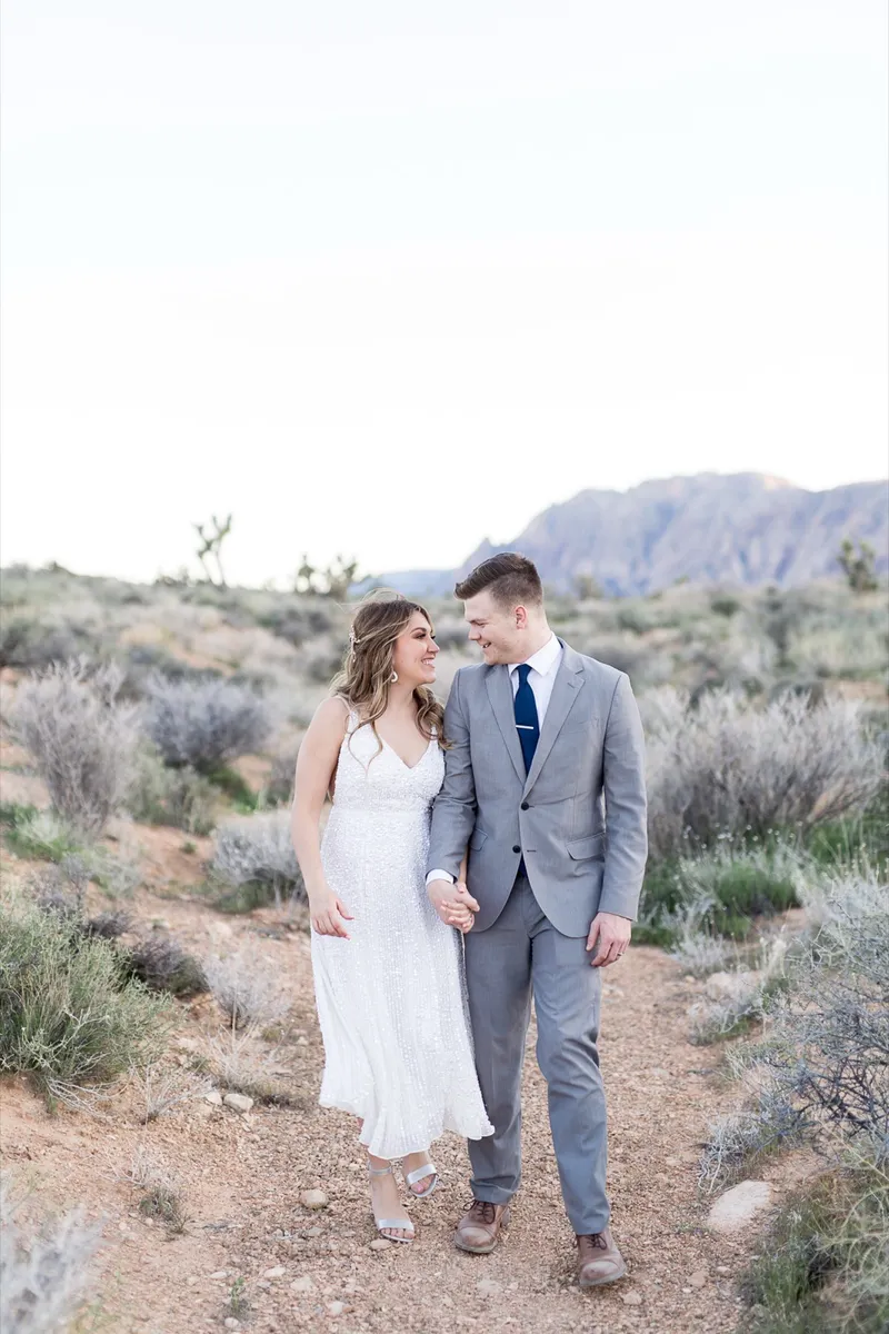 Bride and groom facing each other among the joshua trees and low brush