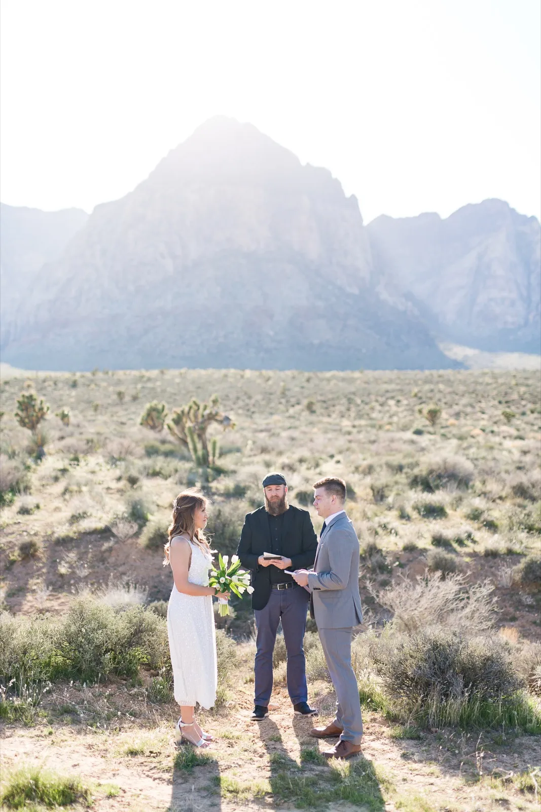 Bride, groom and officiant standing alone in open desert with joshua trees and a bare mountain behind them