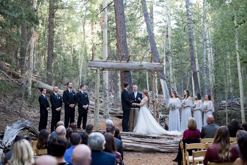 Guests seated in the pines for a ceremony under a rustic log arch