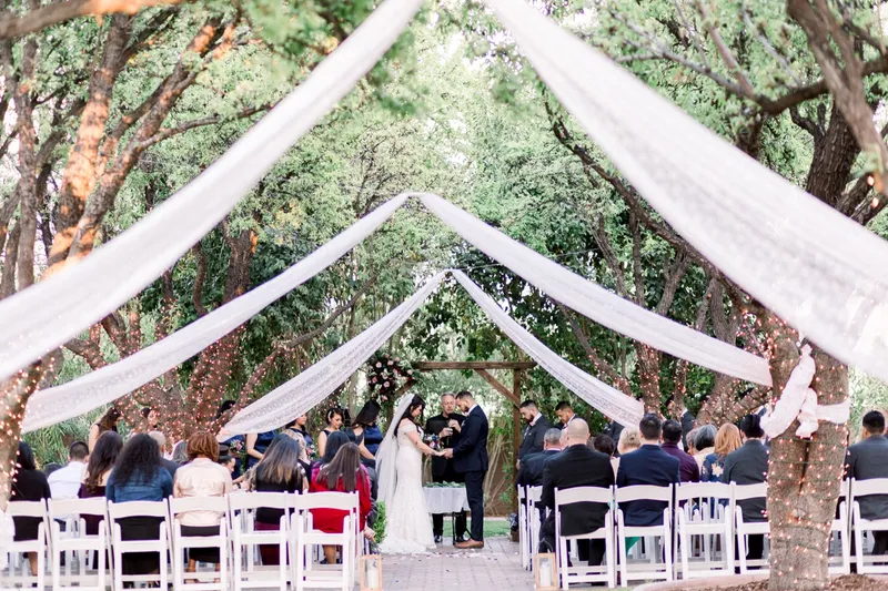 The ceremony seen from the back of the aisle, guests seated under the draped trees and the couple small at the arbor