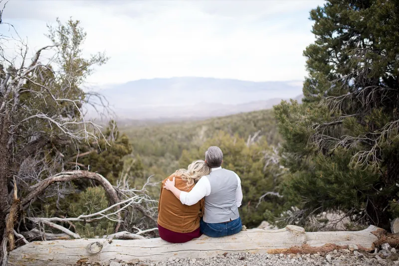 Couple sitting on a fallen log with their backs to the camera and his arm around her shoulders