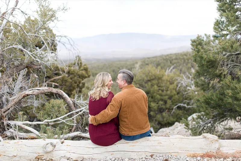Couple sitting on a fallen log seen from behind, turning to look at each other over the valley