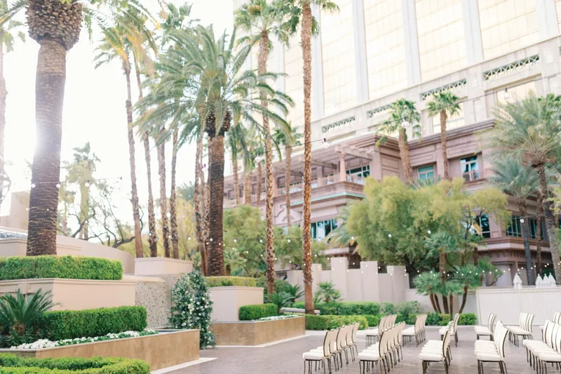 Outdoor ceremony patio with chairs set out in front of the water wall, the hotel tower rising behind the palms