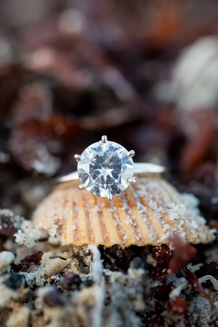 Round diamond engagement ring resting on a seashell