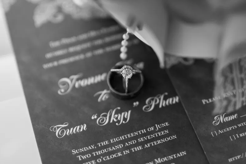 Black and white close view of a wedding invitation with an engagement ring resting on the printed card