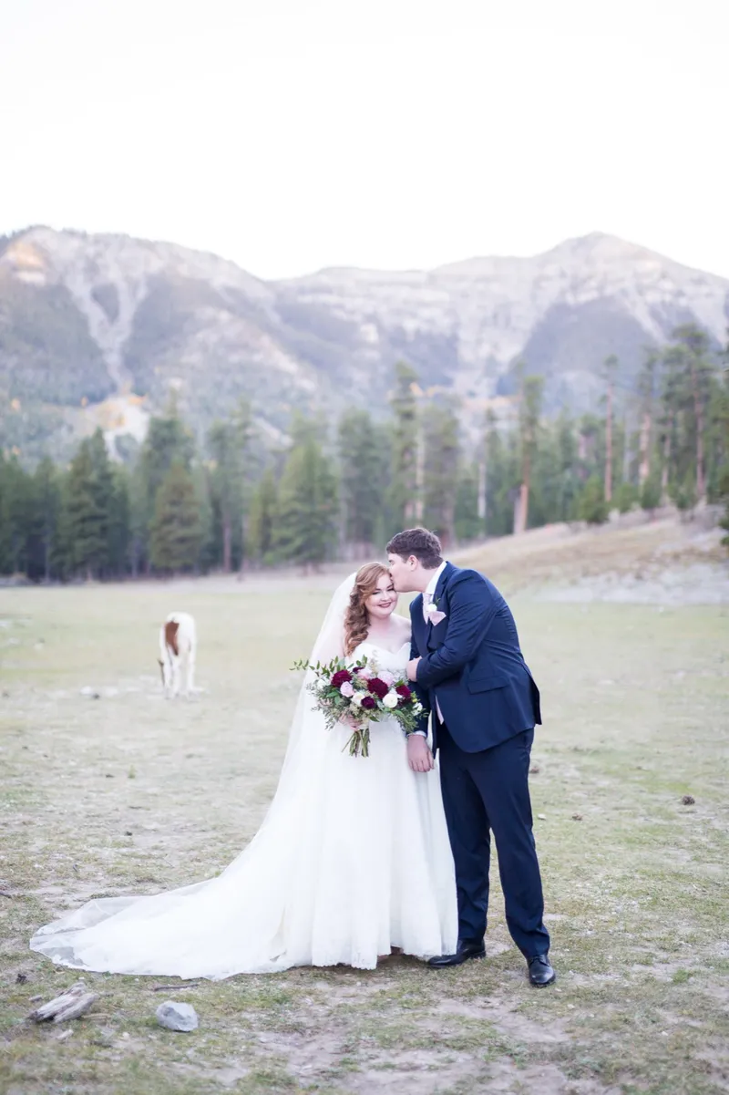 Bride and groom kissing in the meadow with the snow streaked mountain behind them