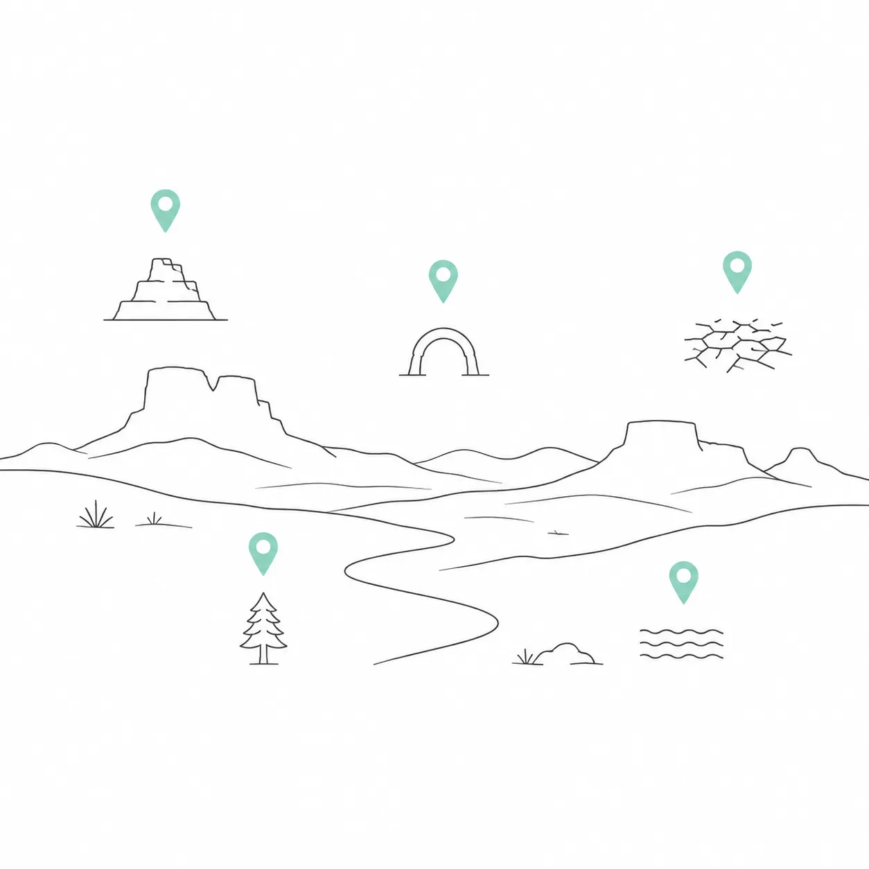 Illustrated desert landscape with five markers representing McKenzie’s favorite reshoot locations