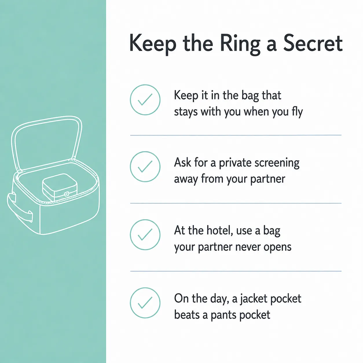 Illustrated checklist of four tips for keeping an engagement ring hidden while flying and at the hotel