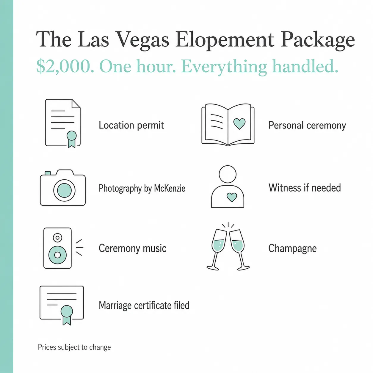 Card showing a one hour Las Vegas elopement package with icons for its seven inclusions