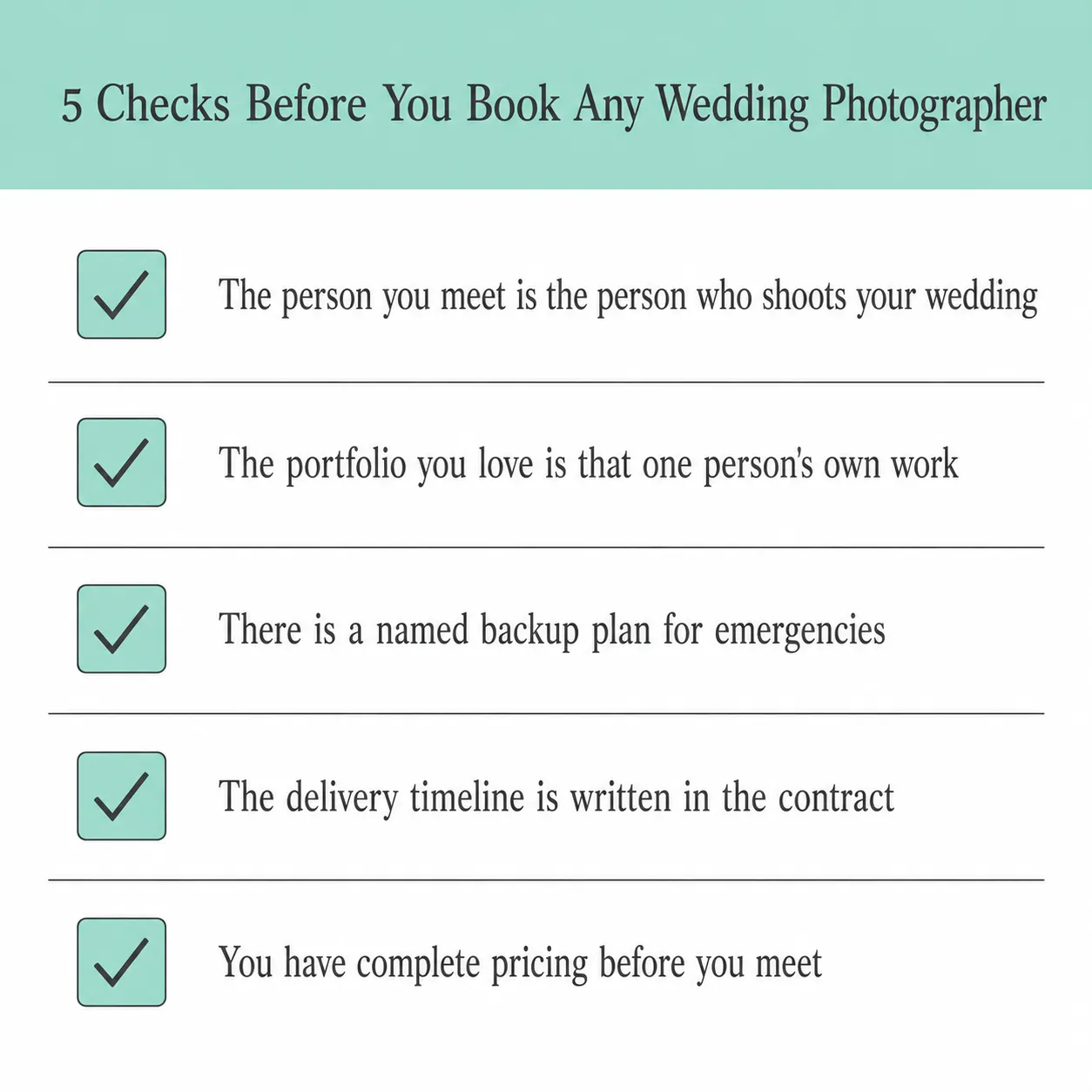Checklist card with five mint checkboxes listing what to confirm before booking a wedding photographer