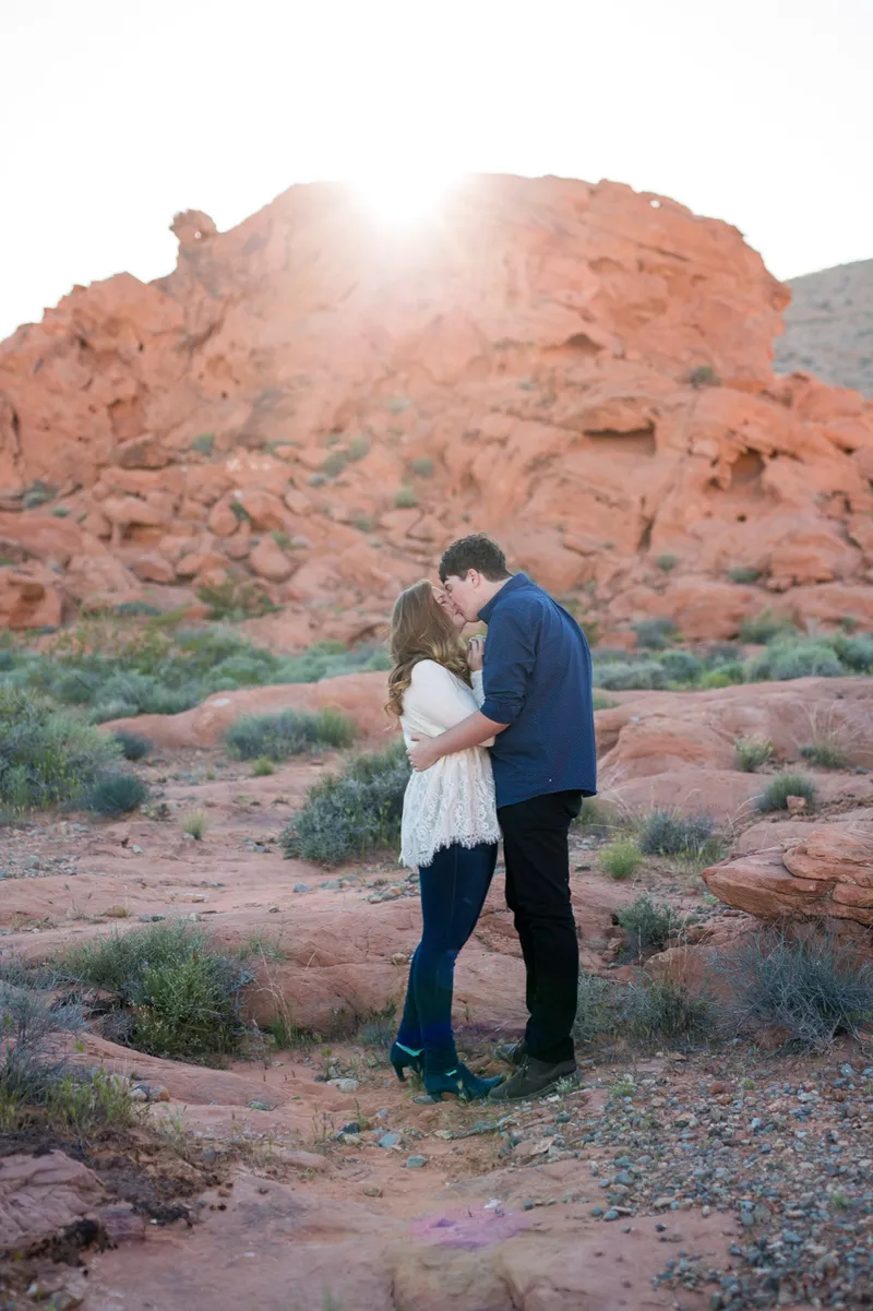 Foreheads together in the desert brush with red rock rising behind them