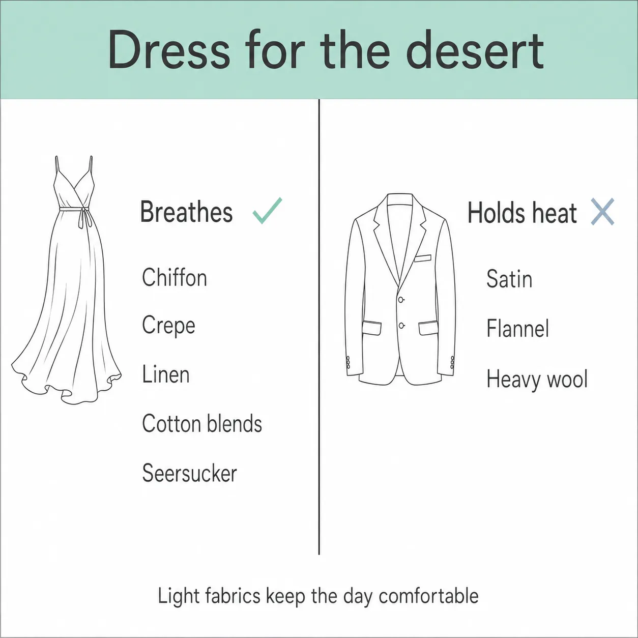 Two column card listing breathable wedding fabrics beside heavier fabrics that hold heat